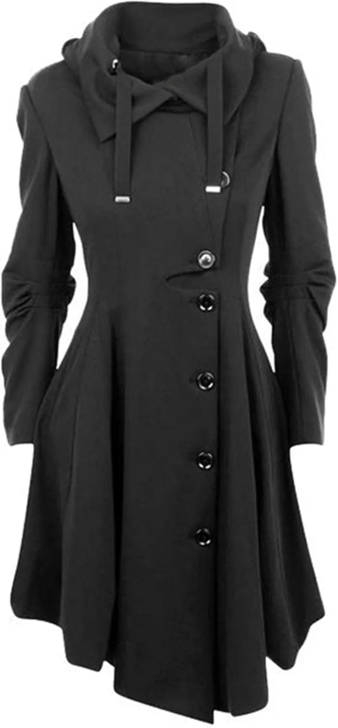 Maiyifu-GJ Womens Single Breasted Hooded Trench Coat Long Sleeve Wool Blend Dress Coats Fall Winter Mid Long Overcoat