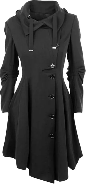 Maiyifu-GJ Womens Single Breasted Hooded Trench Coat Long Sleeve Wool Blend Dress Coats Fall Winter Mid Long Overcoat