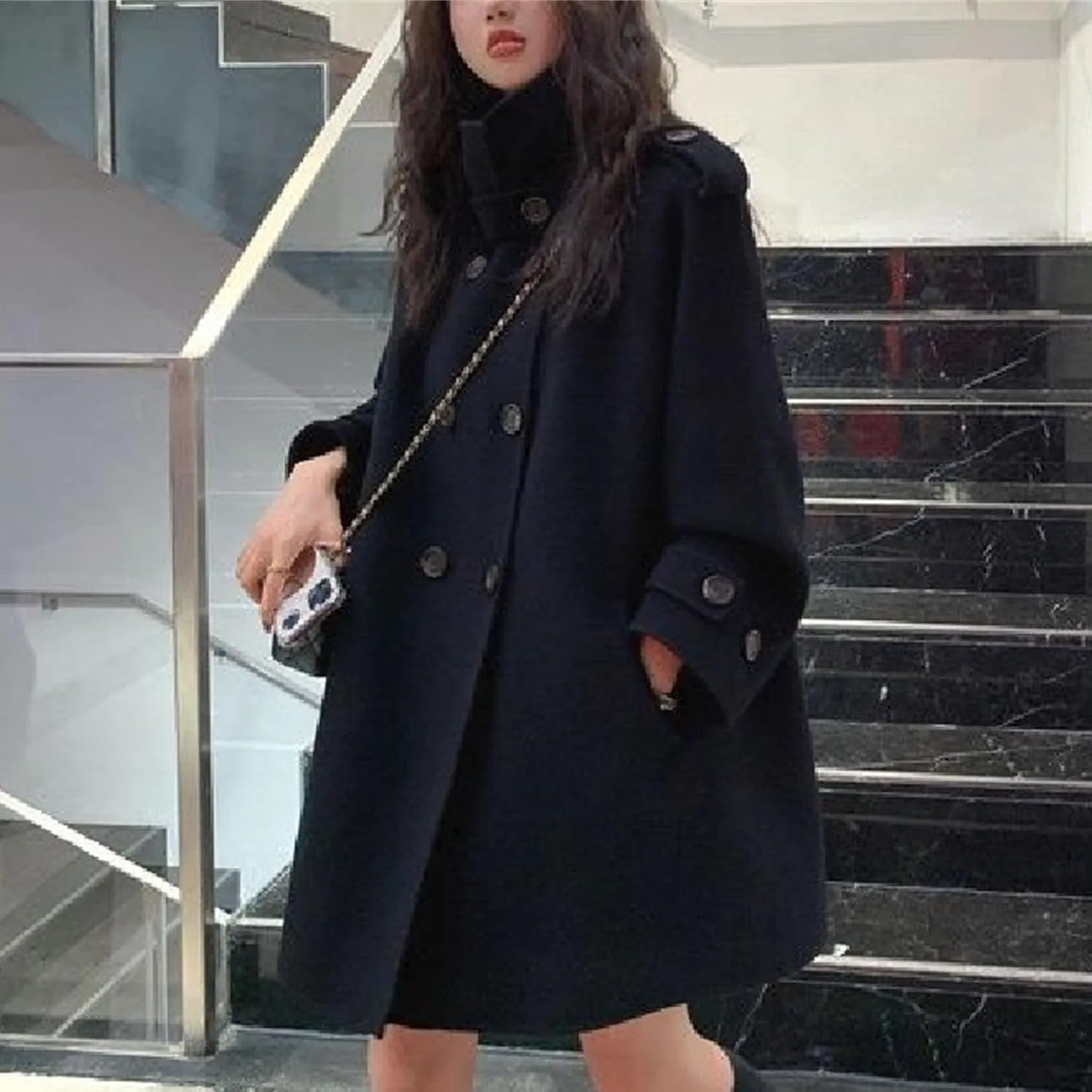 Maiyifu-GJ Women's Stand Collar Double Breasted Overcoat Winter Wool Blend Trench Coat Mid Long Jacket Outerwear with Pockets