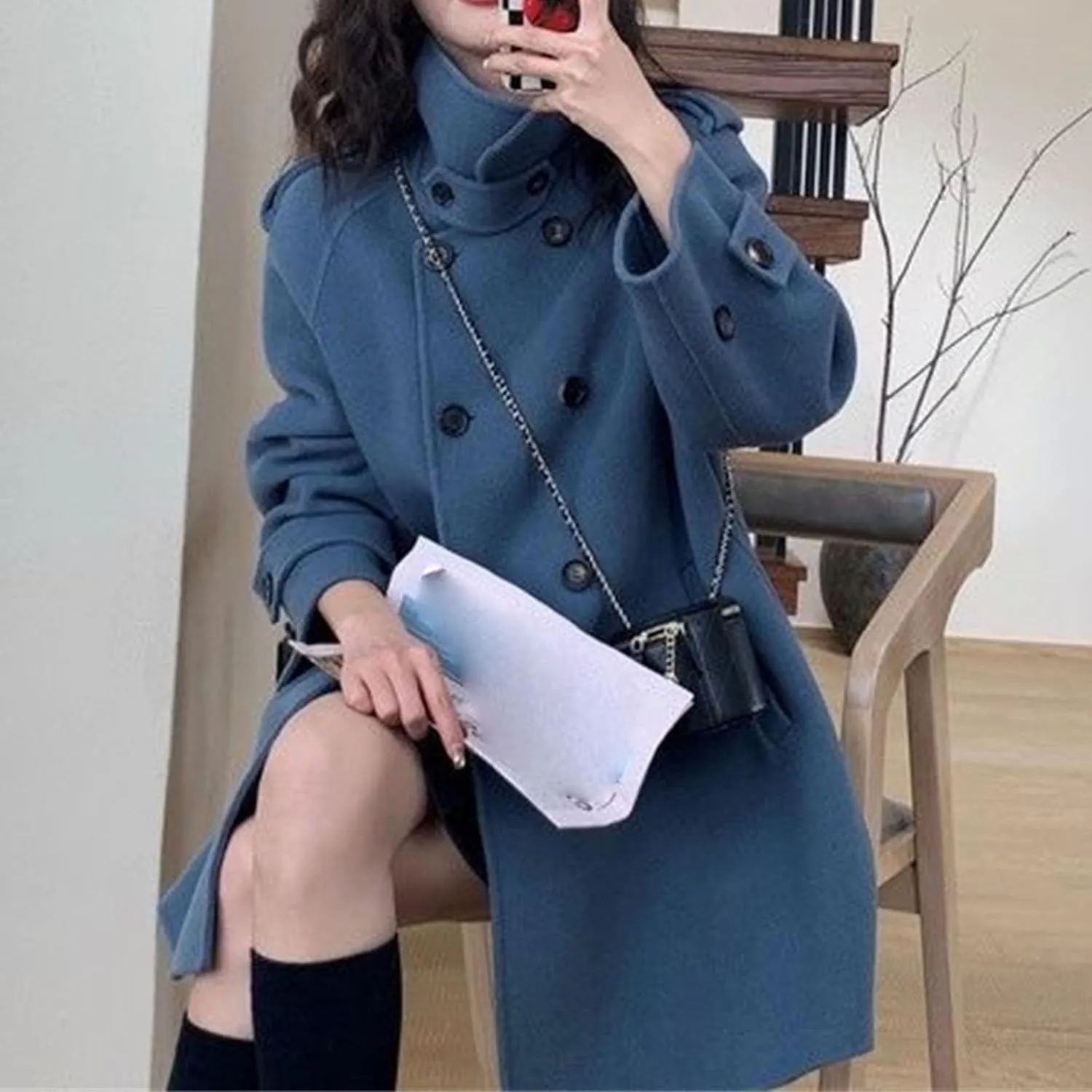Maiyifu-GJ Women's Stand Collar Double Breasted Overcoat Winter Wool Blend Trench Coat Mid Long Jacket Outerwear with Pockets