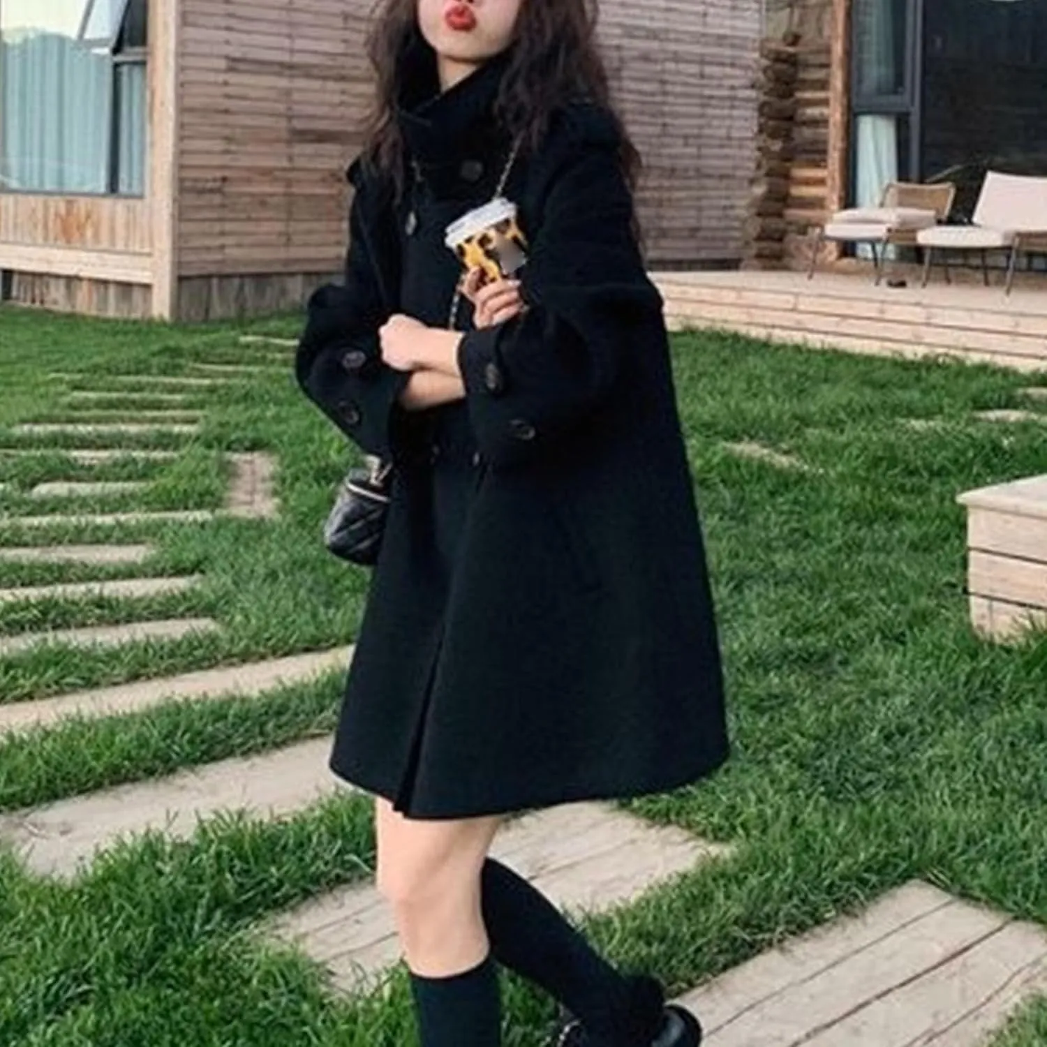 Maiyifu-GJ Women's Stand Collar Double Breasted Overcoat Winter Wool Blend Trench Coat Mid Long Jacket Outerwear with Pockets