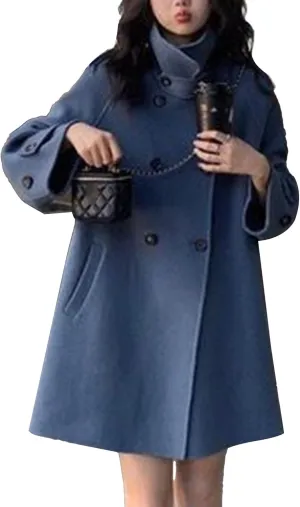 Maiyifu-GJ Women's Stand Collar Double Breasted Overcoat Winter Wool Blend Trench Coat Mid Long Jacket Outerwear with Pockets