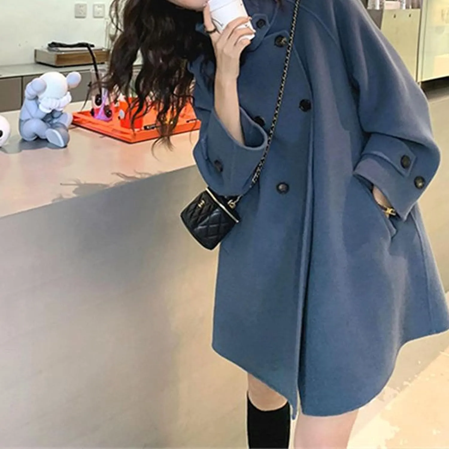 Maiyifu-GJ Women's Stand Collar Double Breasted Overcoat Winter Wool Blend Trench Coat Mid Long Jacket Outerwear with Pockets