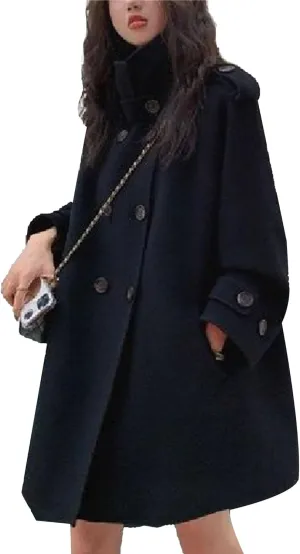 Maiyifu-GJ Women's Stand Collar Double Breasted Overcoat Winter Wool Blend Trench Coat Mid Long Jacket Outerwear with Pockets