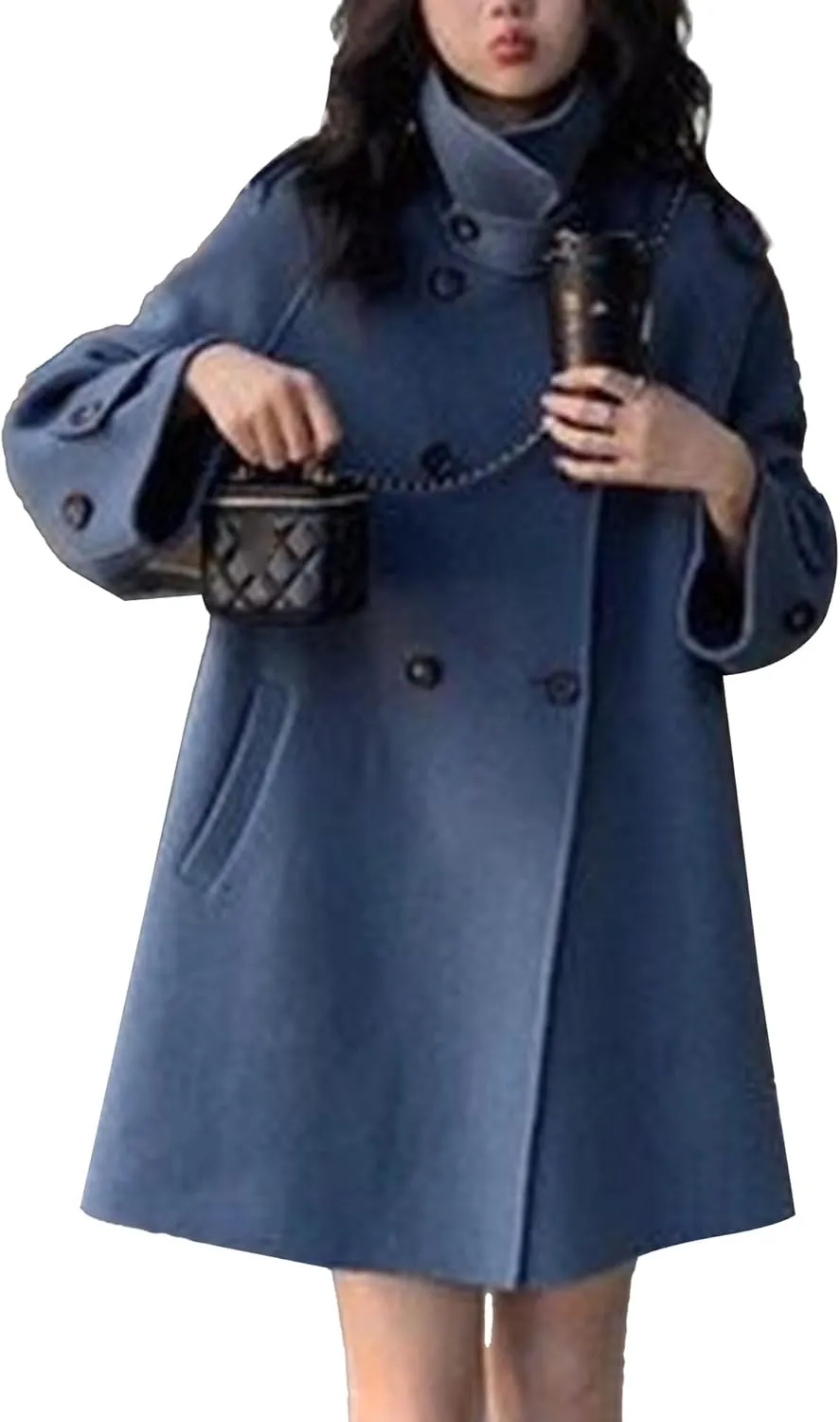 Maiyifu-GJ Women's Stand Collar Double Breasted Overcoat Winter Wool Blend Trench Coat Mid Long Jacket Outerwear with Pockets