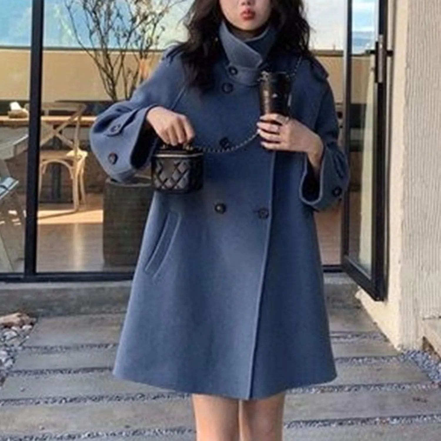 Maiyifu-GJ Women's Stand Collar Double Breasted Overcoat Winter Wool Blend Trench Coat Mid Long Jacket Outerwear with Pockets
