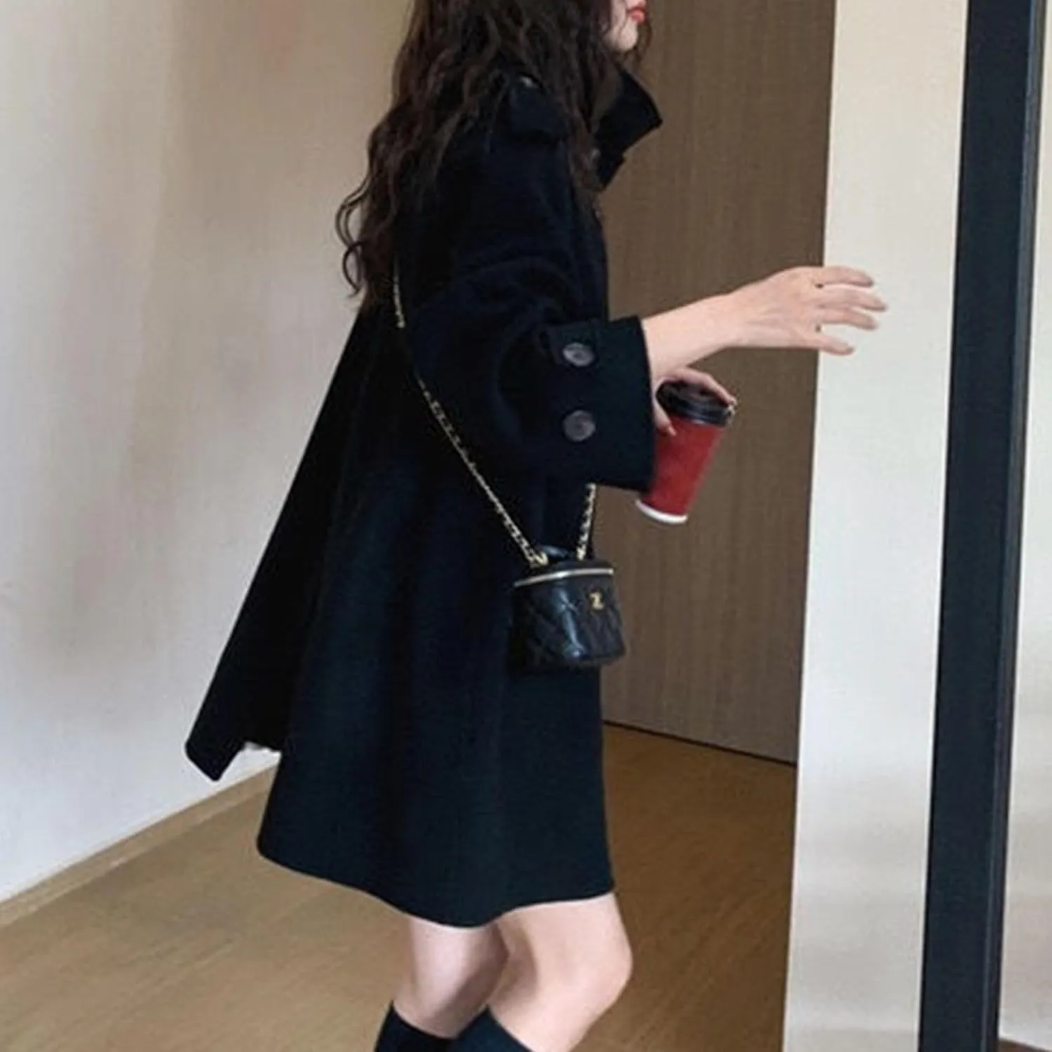 Maiyifu-GJ Women's Stand Collar Double Breasted Overcoat Winter Wool Blend Trench Coat Mid Long Jacket Outerwear with Pockets