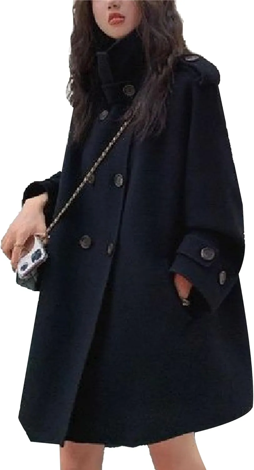 Maiyifu-GJ Women's Stand Collar Double Breasted Overcoat Winter Wool Blend Trench Coat Mid Long Jacket Outerwear with Pockets