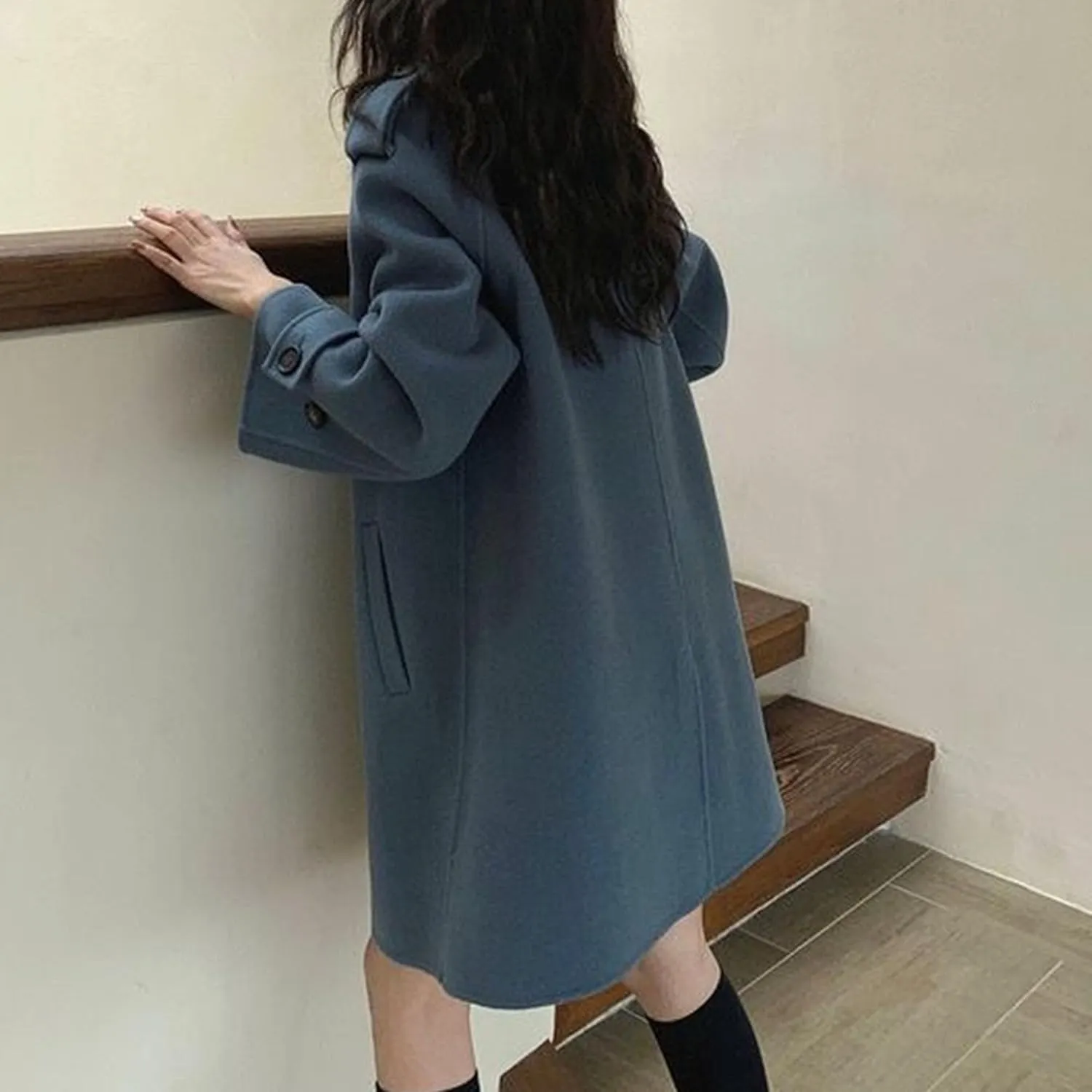 Maiyifu-GJ Women's Stand Collar Double Breasted Overcoat Winter Wool Blend Trench Coat Mid Long Jacket Outerwear with Pockets