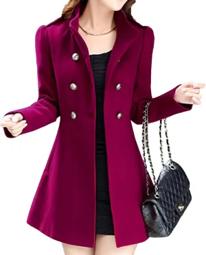 Maiyifu-GJ Women's Stand Collar Double Breasted Wool Blend Coat Elegant Slim Trench Coat Fall Winter Overcoat Outerwear