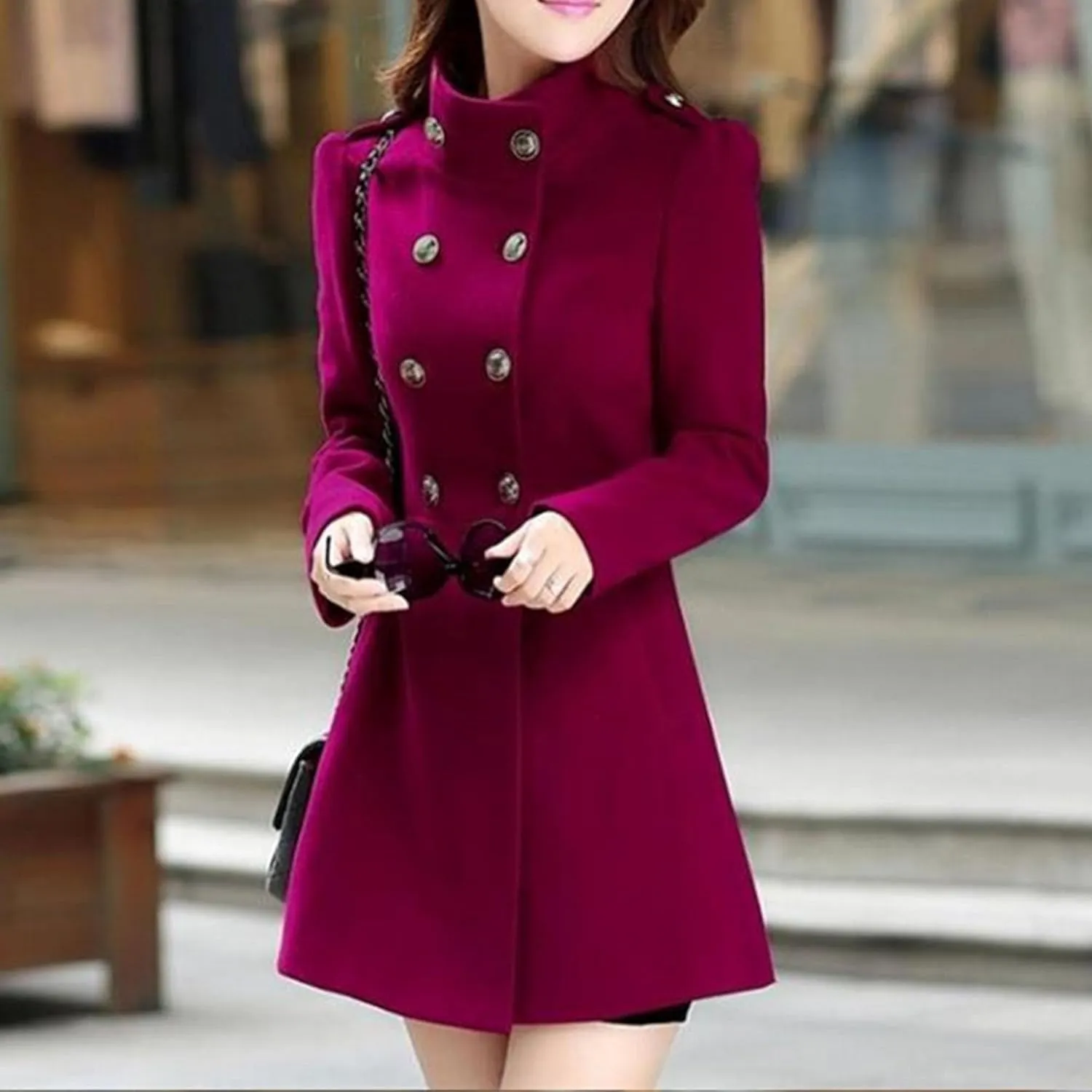 Maiyifu-GJ Women's Stand Collar Double Breasted Wool Blend Coat Elegant Slim Trench Coat Fall Winter Overcoat Outerwear