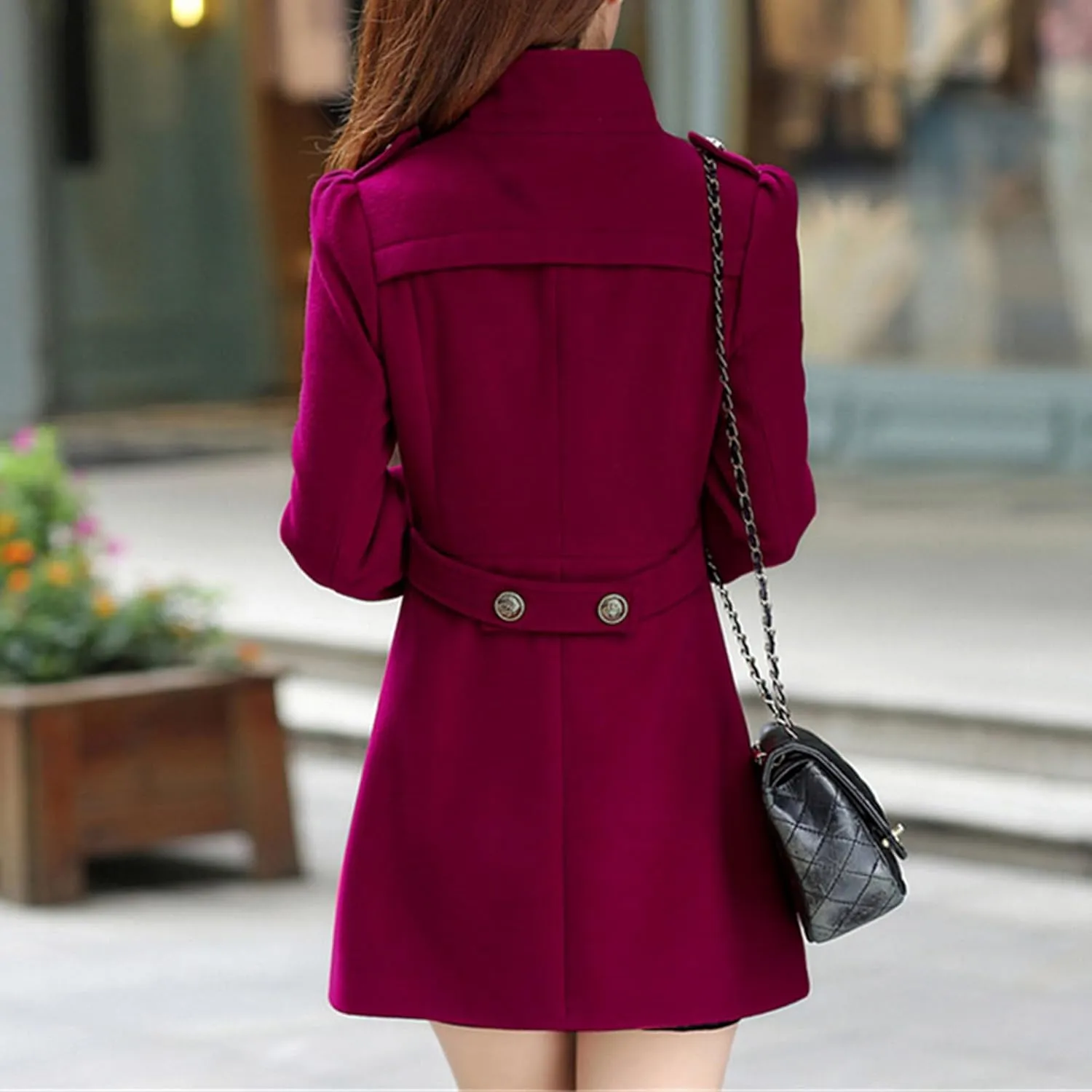 Maiyifu-GJ Women's Stand Collar Double Breasted Wool Blend Coat Elegant Slim Trench Coat Fall Winter Overcoat Outerwear