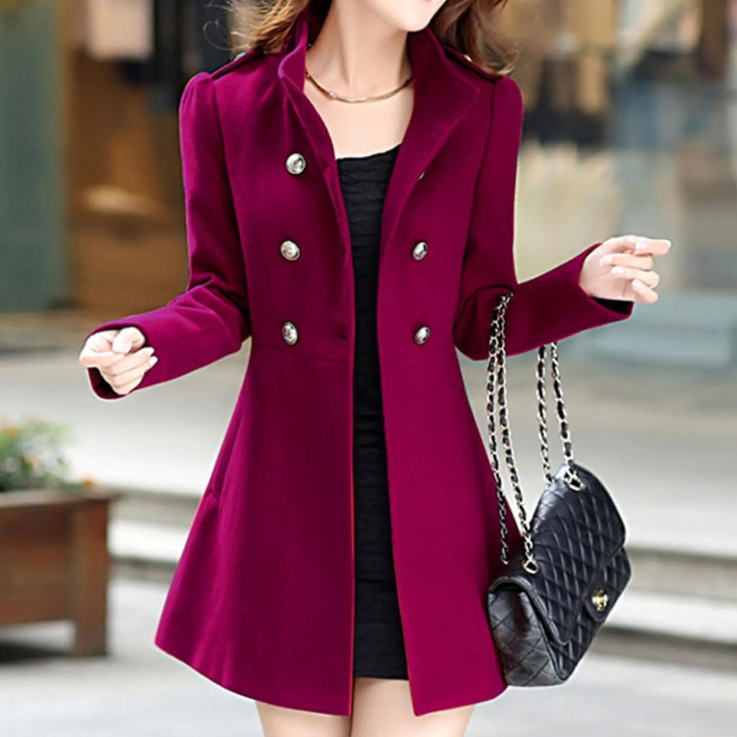 Maiyifu-GJ Women's Stand Collar Double Breasted Wool Blend Coat Elegant Slim Trench Coat Fall Winter Overcoat Outerwear
