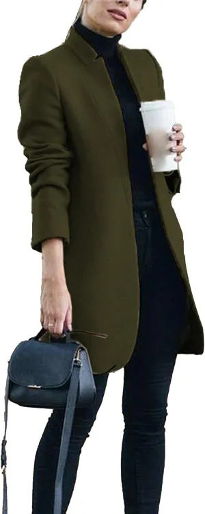 Maiyifu-GJ Womens Stand Collar Wool Blend Coats Casual Warm Open Front Cardigan Trench Overcoat Mid Long Slim Fit Jackets