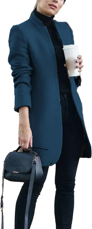 Maiyifu-GJ Womens Stand Collar Wool Blend Coats Casual Warm Open Front Cardigan Trench Overcoat Mid Long Slim Fit Jackets