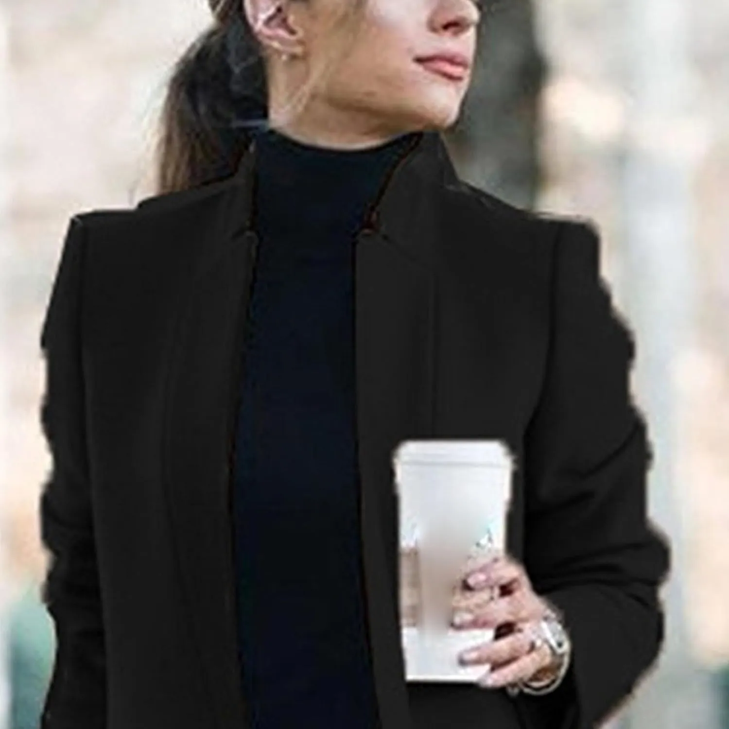 Maiyifu-GJ Womens Stand Collar Wool Blend Coats Casual Warm Open Front Cardigan Trench Overcoat Mid Long Slim Fit Jackets