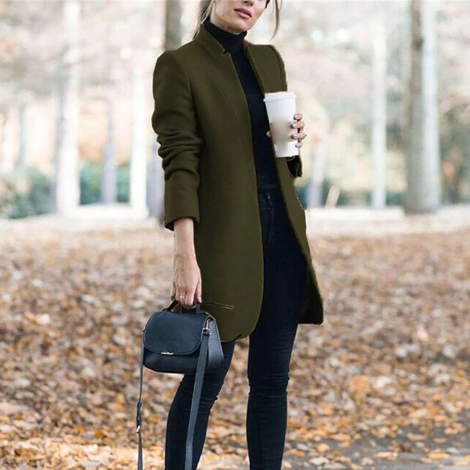 Maiyifu-GJ Womens Stand Collar Wool Blend Coats Casual Warm Open Front Cardigan Trench Overcoat Mid Long Slim Fit Jackets