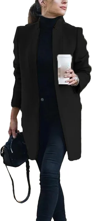 Maiyifu-GJ Womens Stand Collar Wool Blend Coats Casual Warm Open Front Cardigan Trench Overcoat Mid Long Slim Fit Jackets