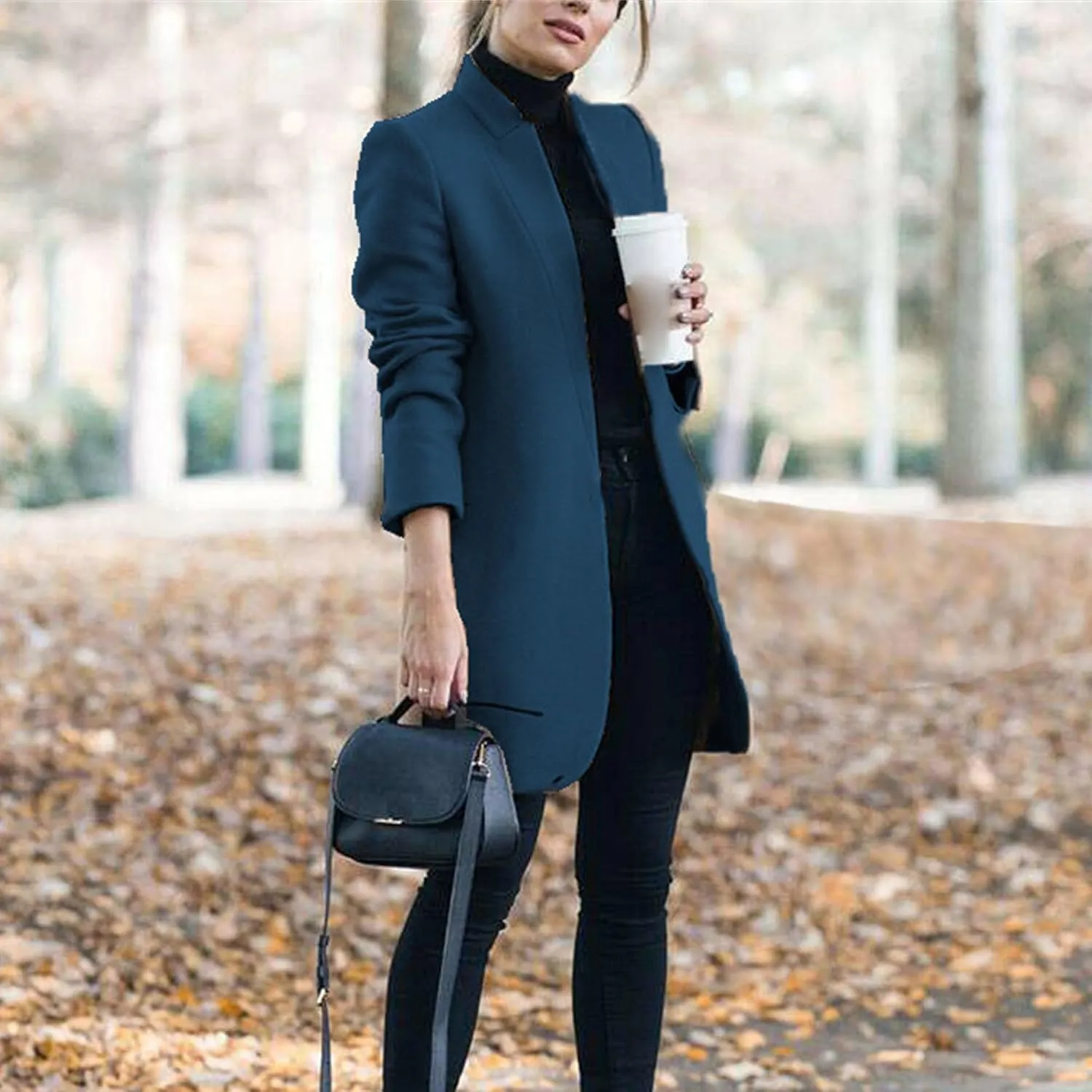 Maiyifu-GJ Womens Stand Collar Wool Blend Coats Casual Warm Open Front Cardigan Trench Overcoat Mid Long Slim Fit Jackets