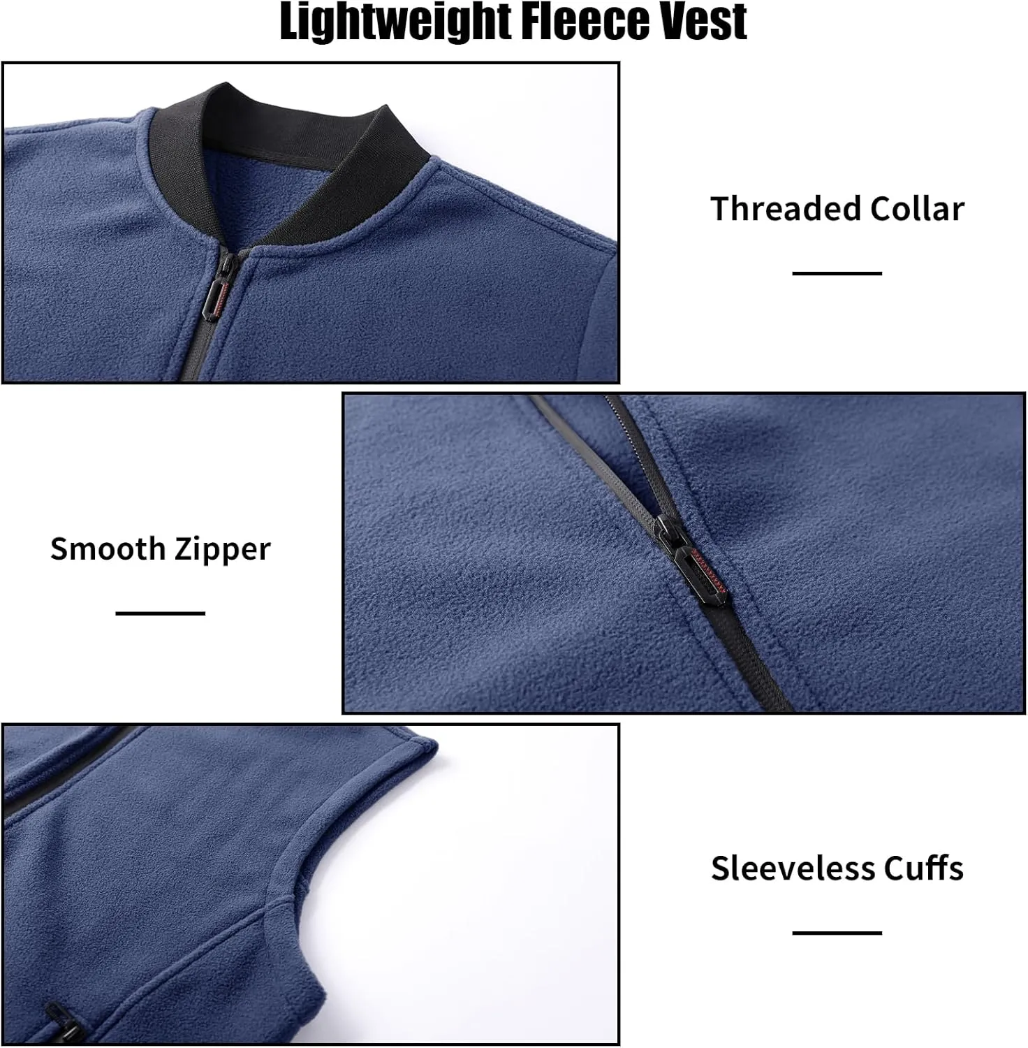 Mans Fleece Vest Full-Zip Outerwear Lightweight Sleeveless Jacket With Zipper Pockets