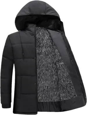 Men Coat Cotton Padded Long Sleeve Plush Lining Single Breasted Keep Warm Drawstring Hood Formal Jacket Coat