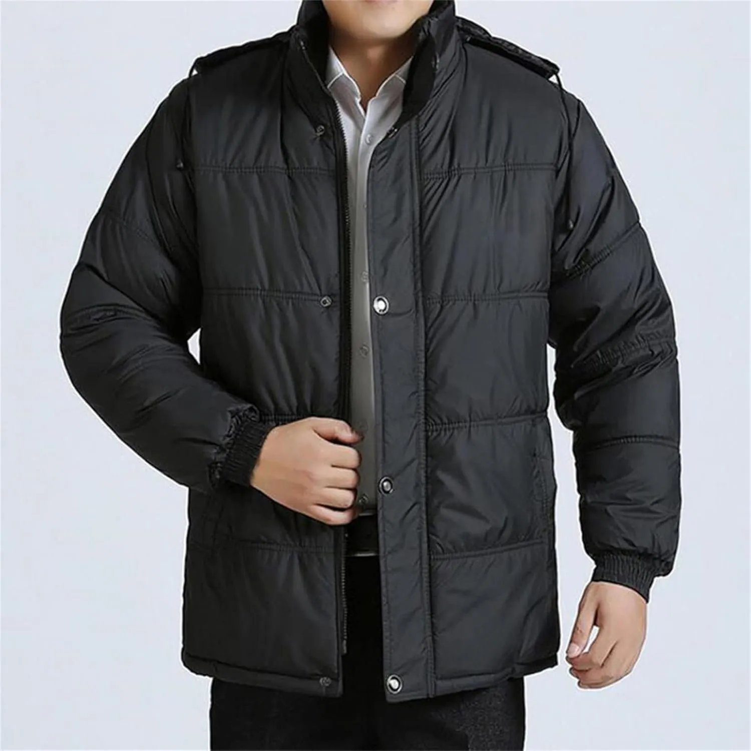 Men Coat Cotton Padded Long Sleeve Plush Lining Single Breasted Keep Warm Drawstring Hood Formal Jacket Coat