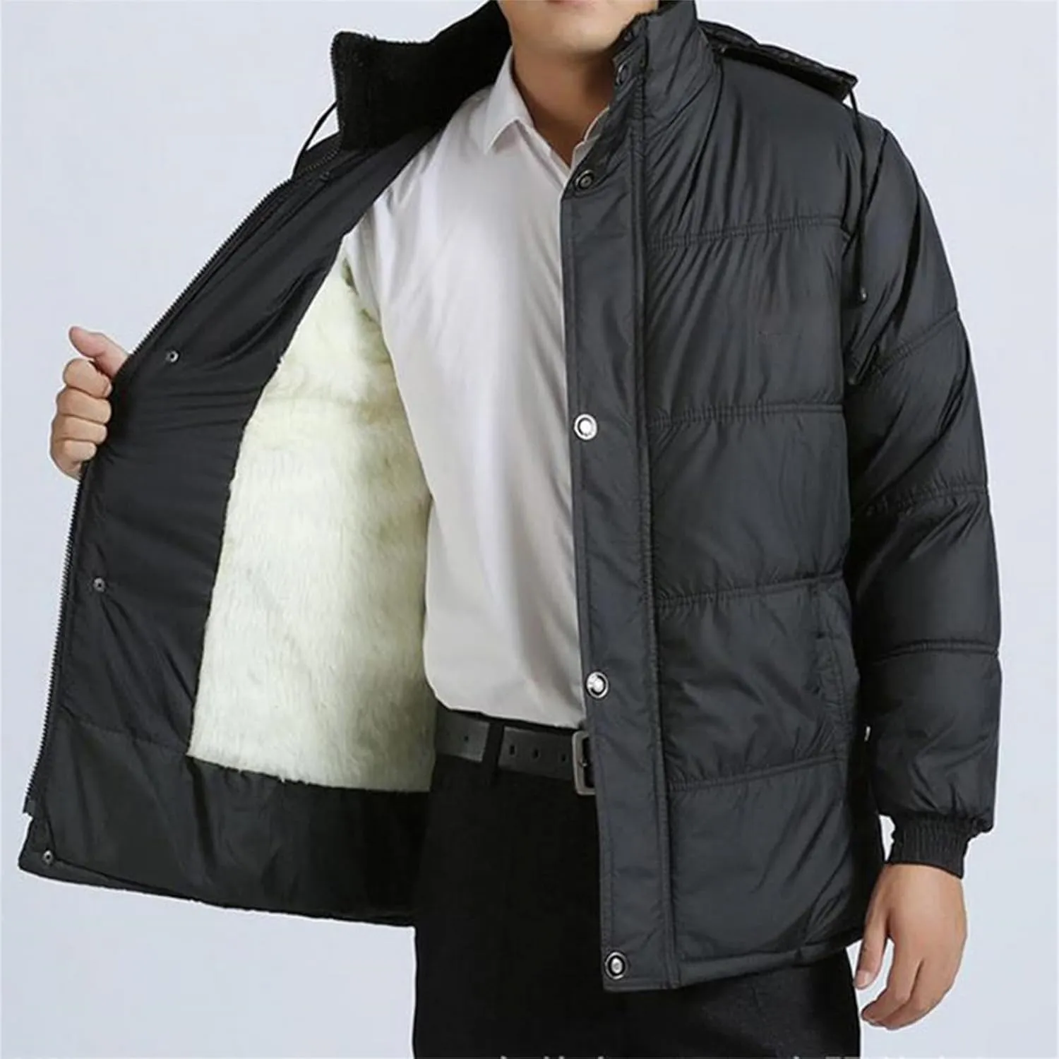Men Coat Cotton Padded Long Sleeve Plush Lining Single Breasted Keep Warm Drawstring Hood Formal Jacket Coat