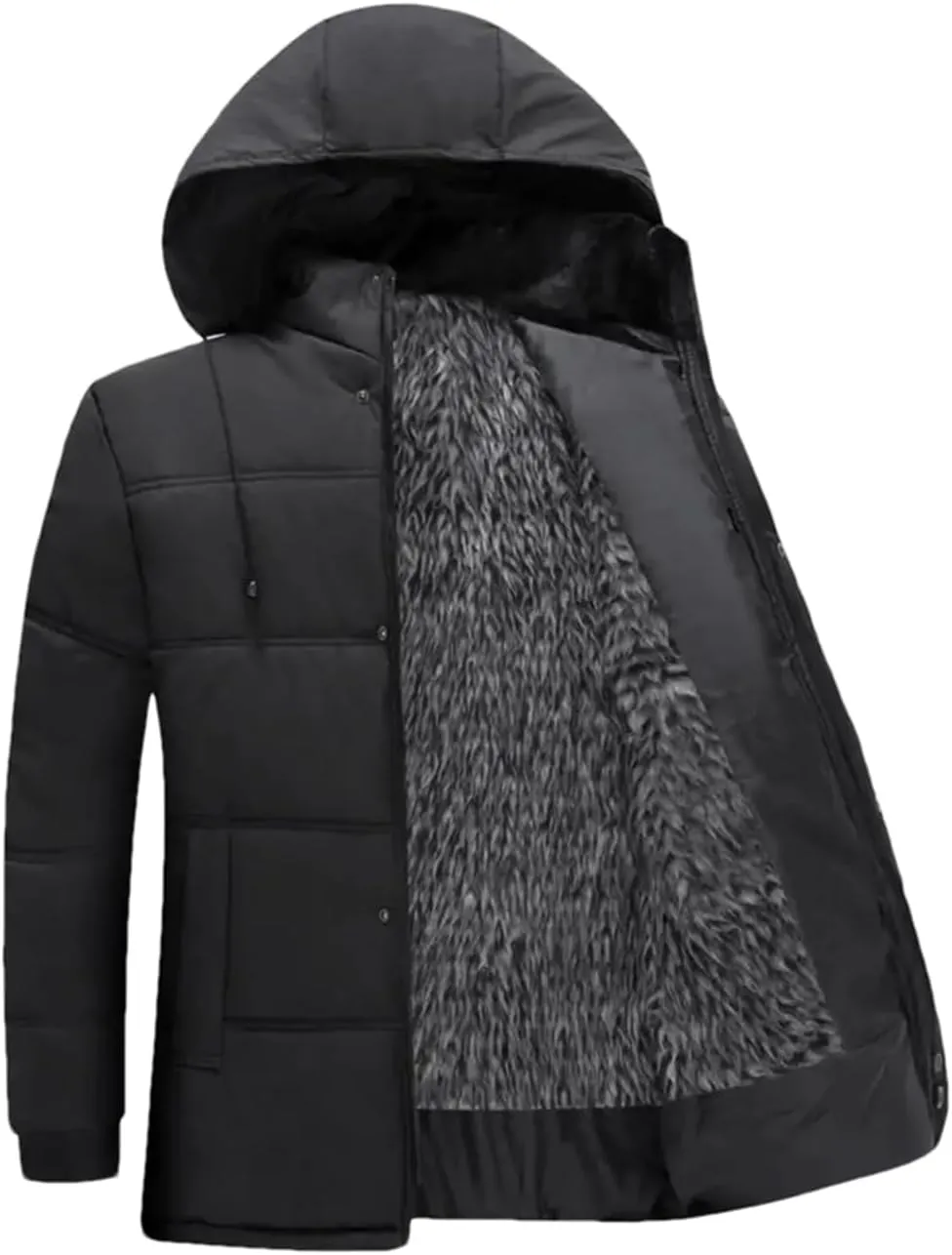 Men Coat Cotton Padded Long Sleeve Plush Lining Single Breasted Keep Warm Drawstring Hood Formal Jacket Coat