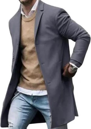 Men Wool Blend Single Breasted Overcoat Winter Slim Long Trench Coat Mid-Length Lightweight Notched Collar Jacket