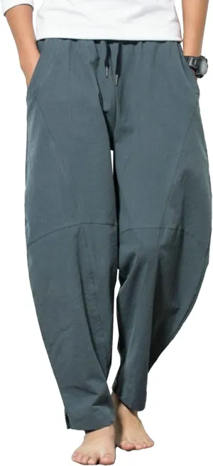 Men's Beach Cotton Linen Pants Summer Lightweight Solid Trousers Casual Elastic Waist Harem Chinos