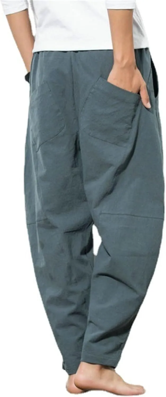 Men's Beach Cotton Linen Pants Summer Lightweight Solid Trousers Casual Elastic Waist Harem Chinos