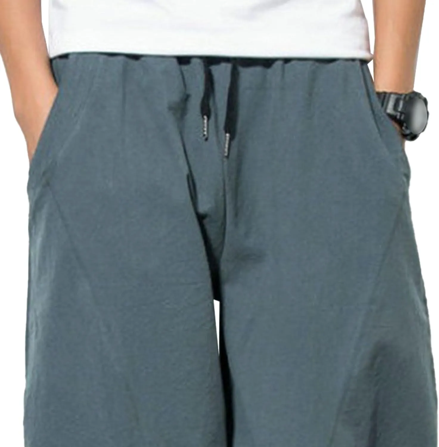 Men's Beach Cotton Linen Pants Summer Lightweight Solid Trousers Casual Elastic Waist Harem Chinos