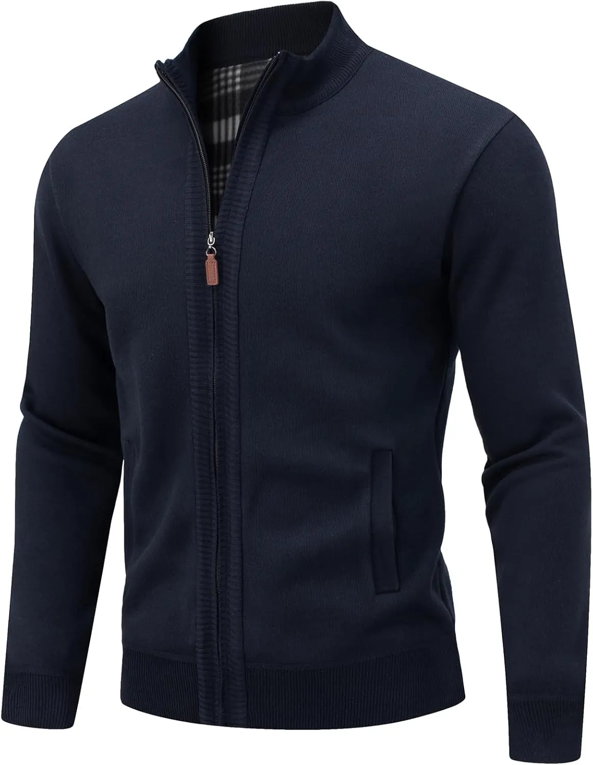 Men's Cardigan Full Zip Up Stand Collar Sweaters With Pockets Thick Sweater Jacket