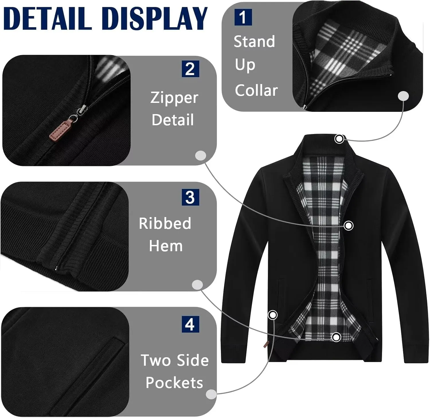 Men's Cardigan Full Zip Up Stand Collar Sweaters With Pockets Thick Sweater Jacket