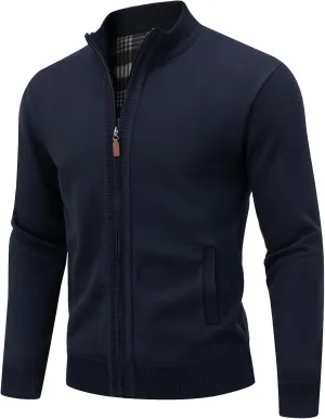 Men's Cardigan Full Zip Up Stand Collar Sweaters With Pockets Thick Sweater Jacket