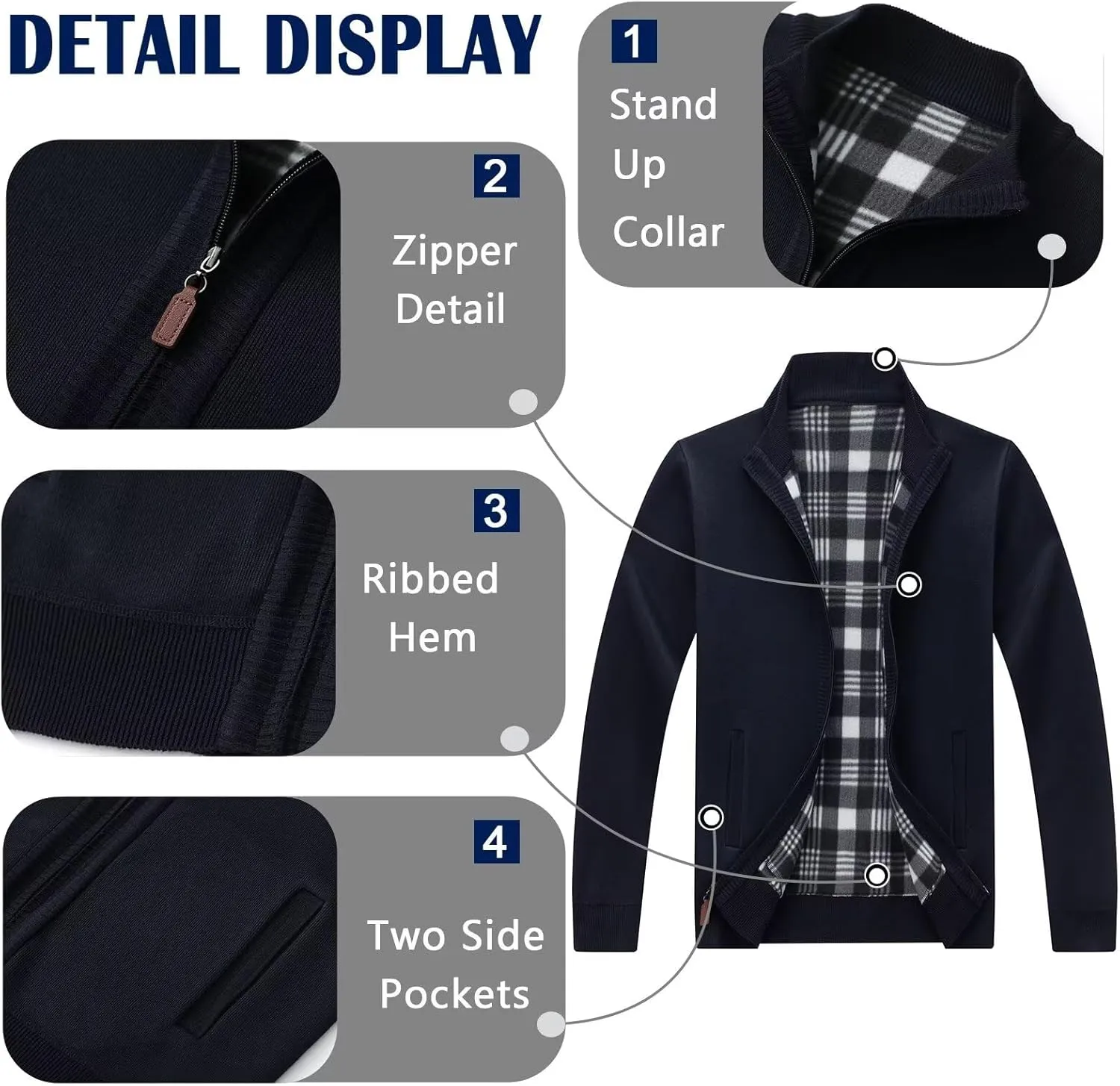 Men's Cardigan Full Zip Up Stand Collar Sweaters With Pockets Thick Sweater Jacket