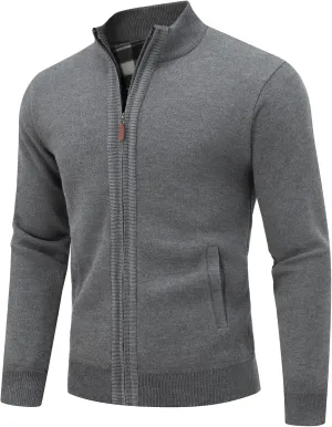 Men's Cardigan Full Zip Up Stand Collar Sweaters With Pockets Thick Sweater Jacket