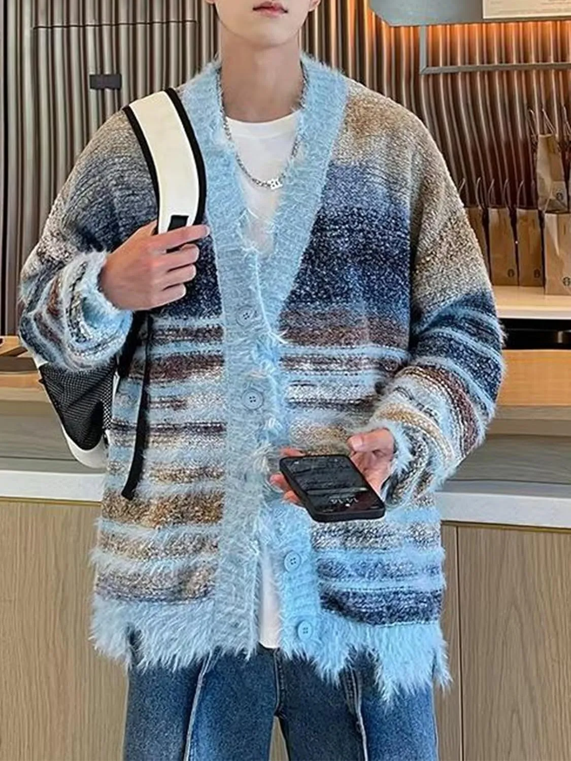 Men's Cardigan Rainbow Striped Knit V-neck Button Muticolor Fashion Placket Knit Sweater Y2K Colorful Top