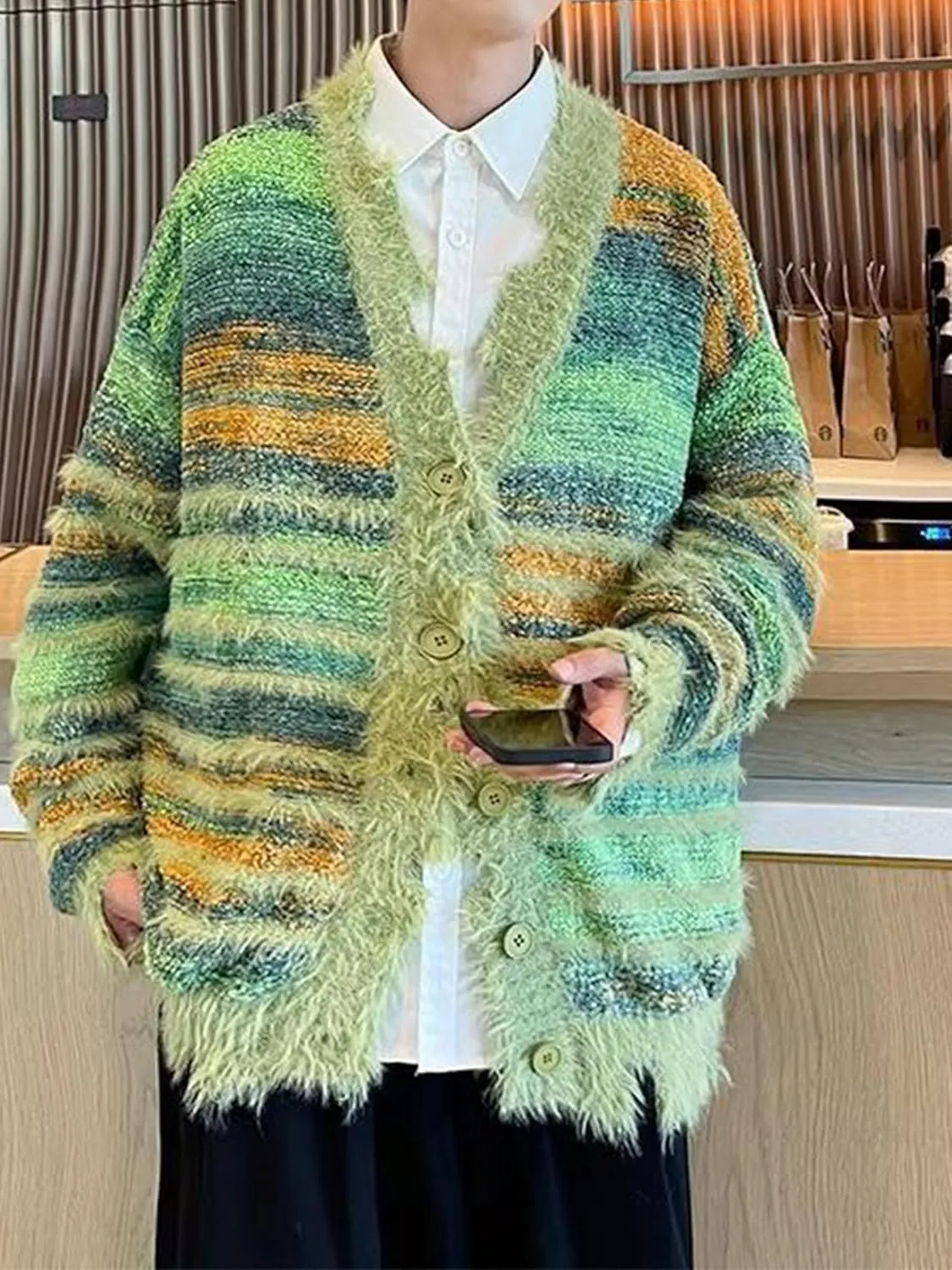 Men's Cardigan Rainbow Striped Knit V-neck Button Muticolor Fashion Placket Knit Sweater Y2K Colorful Top