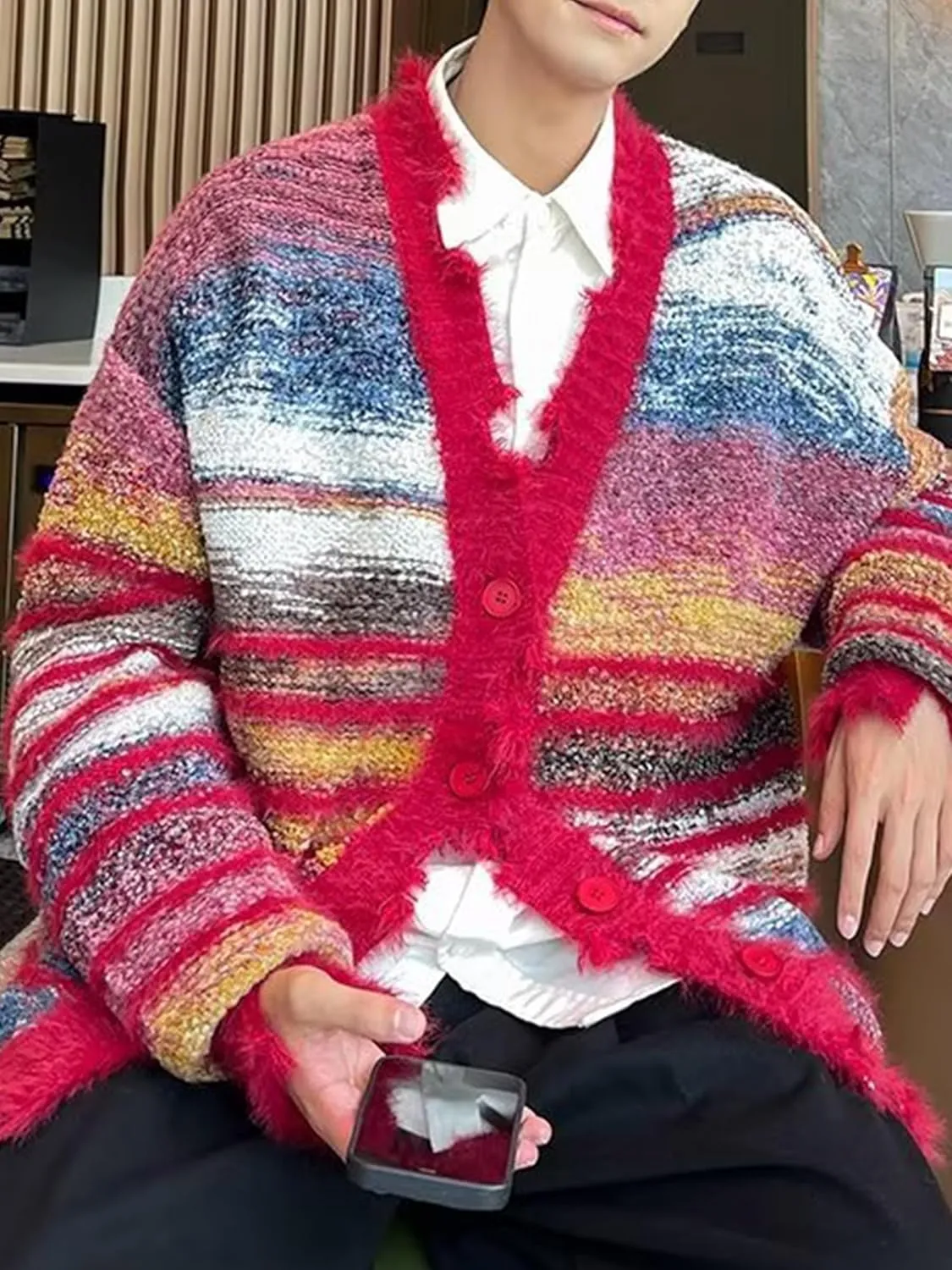 Men's Cardigan Rainbow Striped Knit V-neck Button Muticolor Fashion Placket Knit Sweater Y2K Colorful Top