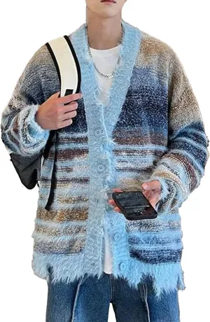 Men's Cardigan Rainbow Striped Knit V-neck Button Muticolor Fashion Placket Knit Sweater Y2K Colorful Top