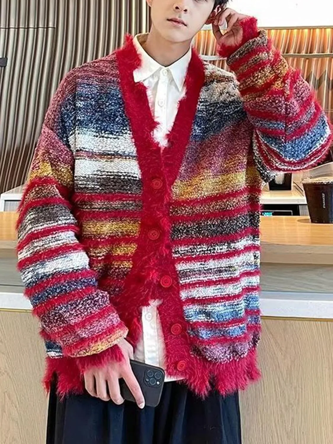 Men's Cardigan Rainbow Striped Knit V-neck Button Muticolor Fashion Placket Knit Sweater Y2K Colorful Top
