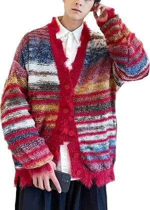 Men's Cardigan Rainbow Striped Knit V-neck Button Muticolor Fashion Placket Knit Sweater Y2K Colorful Top
