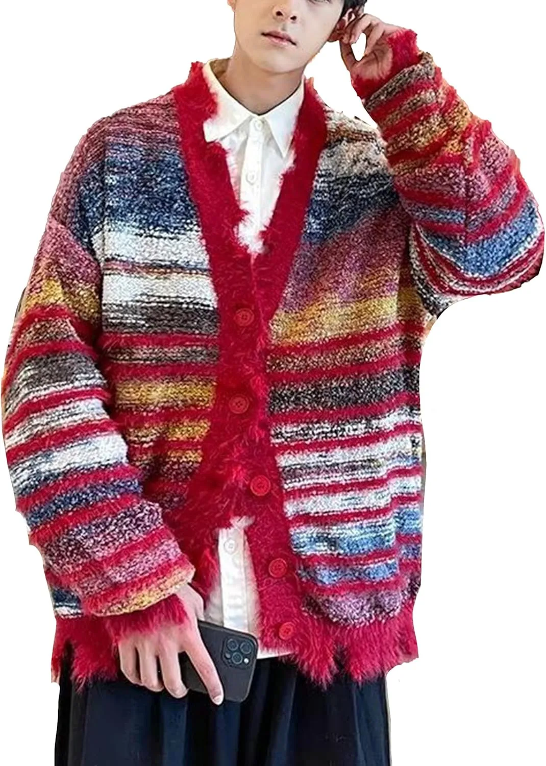 Men's Cardigan Rainbow Striped Knit V-neck Button Muticolor Fashion Placket Knit Sweater Y2K Colorful Top