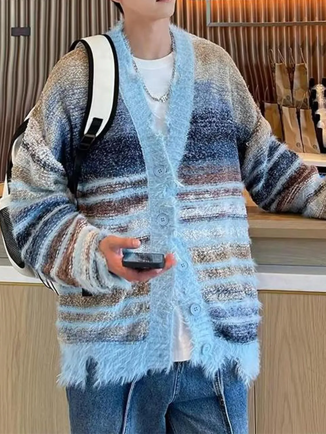 Men's Cardigan Rainbow Striped Knit V-neck Button Muticolor Fashion Placket Knit Sweater Y2K Colorful Top