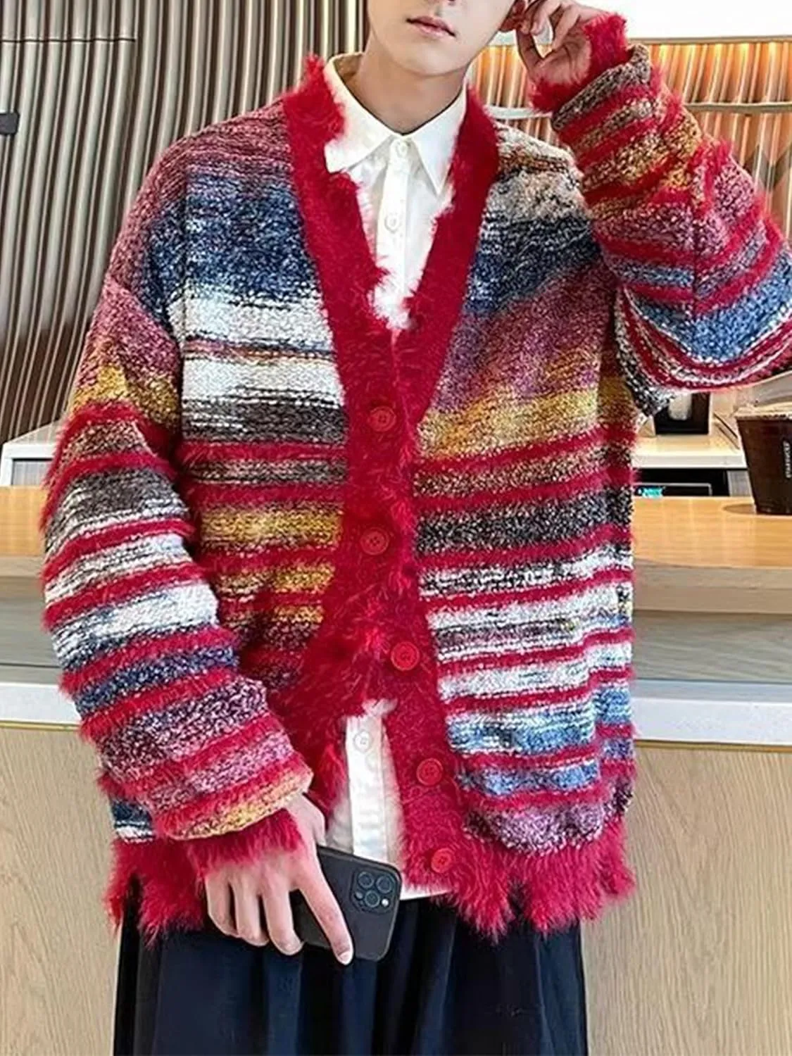 Men's Cardigan Rainbow Striped Knit V-neck Button Muticolor Fashion Placket Knit Sweater Y2K Colorful Top