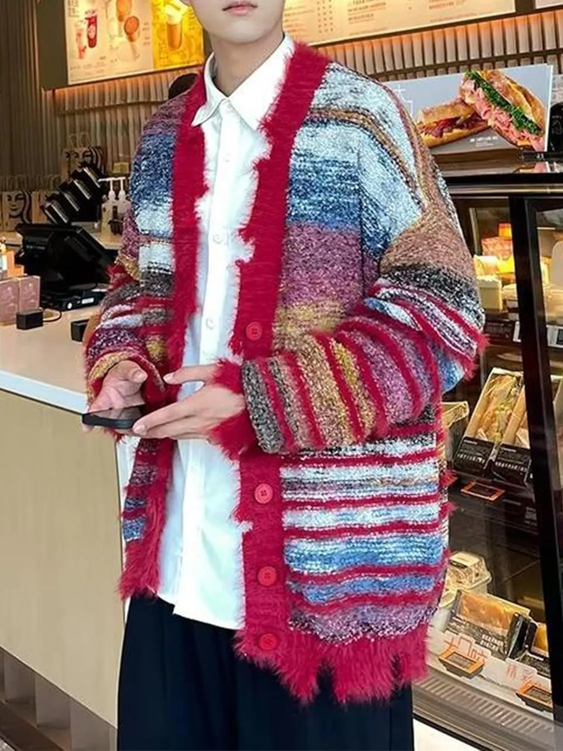 Men's Cardigan Rainbow Striped Knit V-neck Button Muticolor Fashion Placket Knit Sweater Y2K Colorful Top
