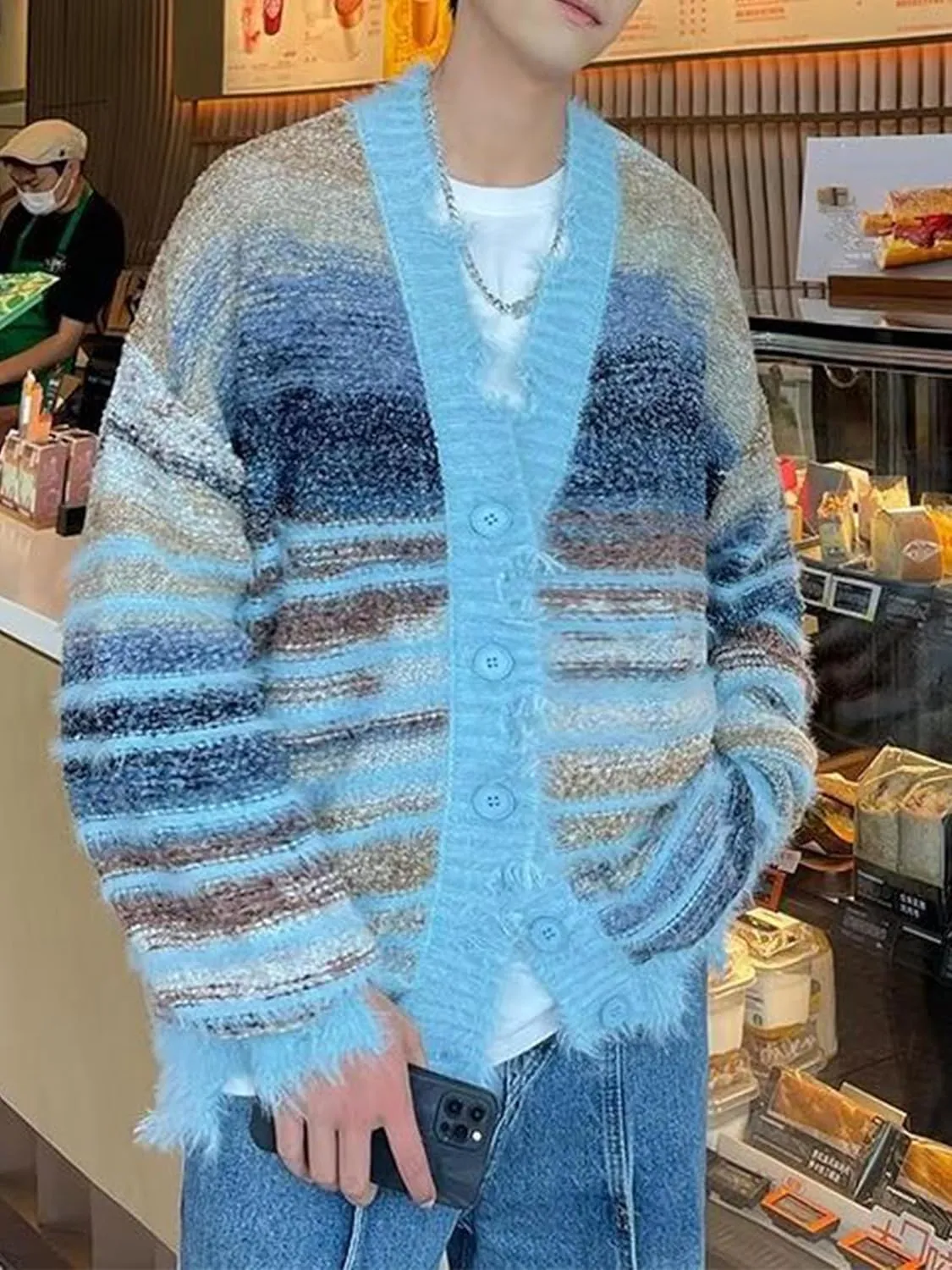 Men's Cardigan Rainbow Striped Knit V-neck Button Muticolor Fashion Placket Knit Sweater Y2K Colorful Top