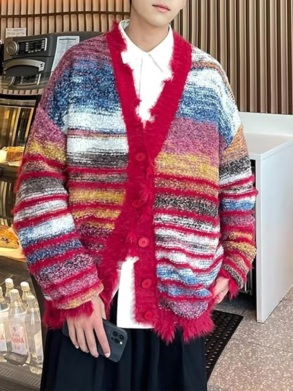 Men's Cardigan Rainbow Striped Knit V-neck Button Muticolor Fashion Placket Knit Sweater Y2K Colorful Top