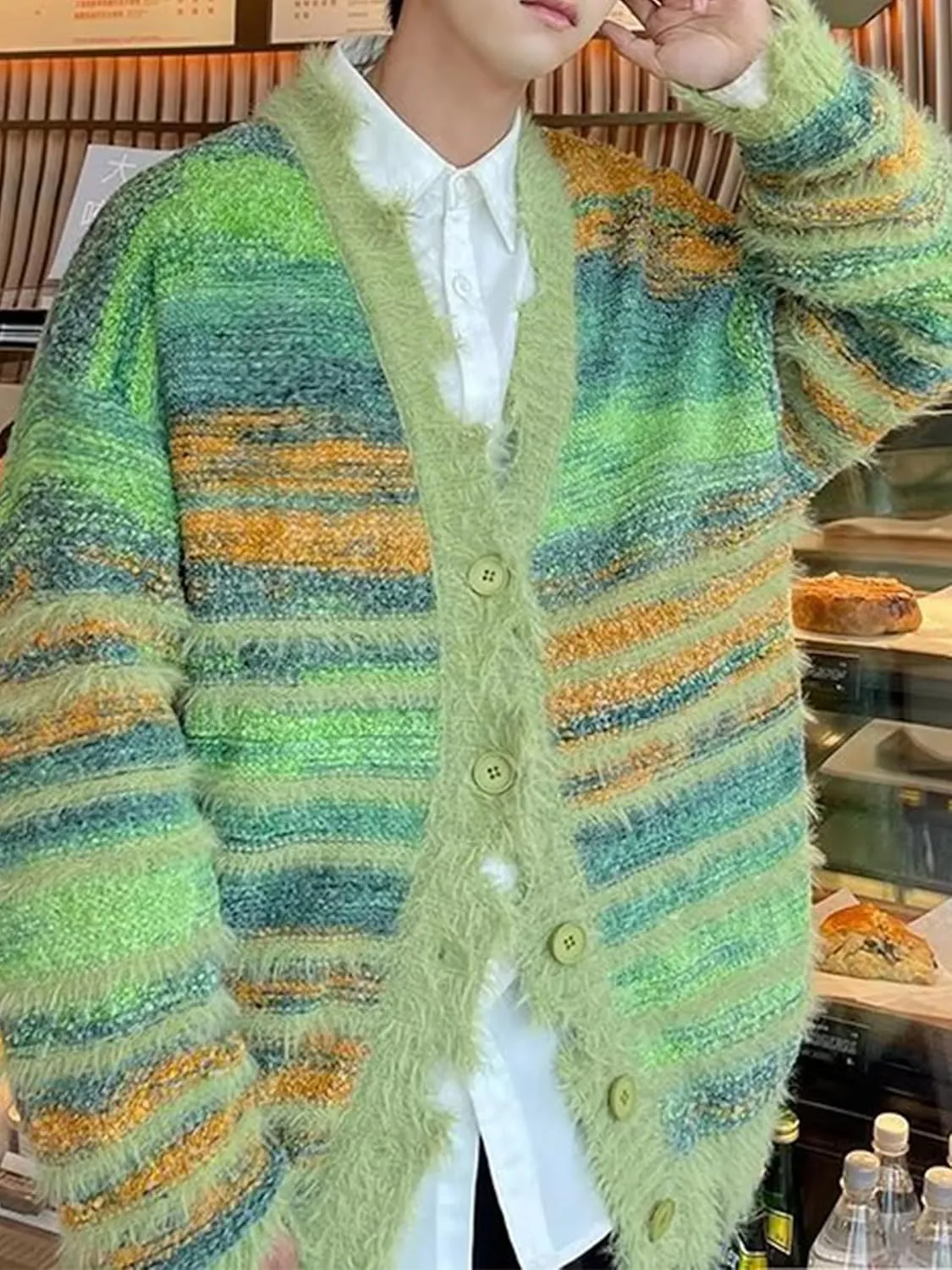 Men's Cardigan Rainbow Striped Knit V-neck Button Muticolor Fashion Placket Knit Sweater Y2K Colorful Top